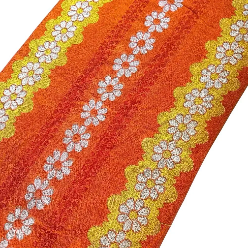 Vintage 70s Terry Treasure California Mod Floral Orange daisy beach bath towel